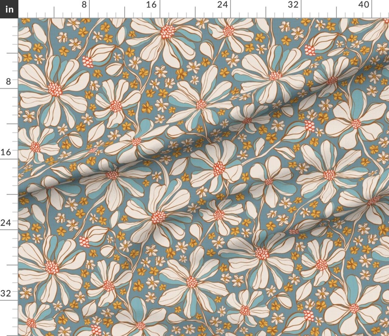 Blue Boho Floral Retro Botanical Garden Bloom Meadow Wildflower Large Scale Custom Printed Fabric by Spoonflower Various Fabrics by the Yard or Fat Quarter